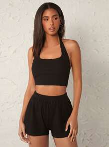 SHEIN BASICS 1pc Solid Crop Halter Top & 1pc Shorts - Black - View 1