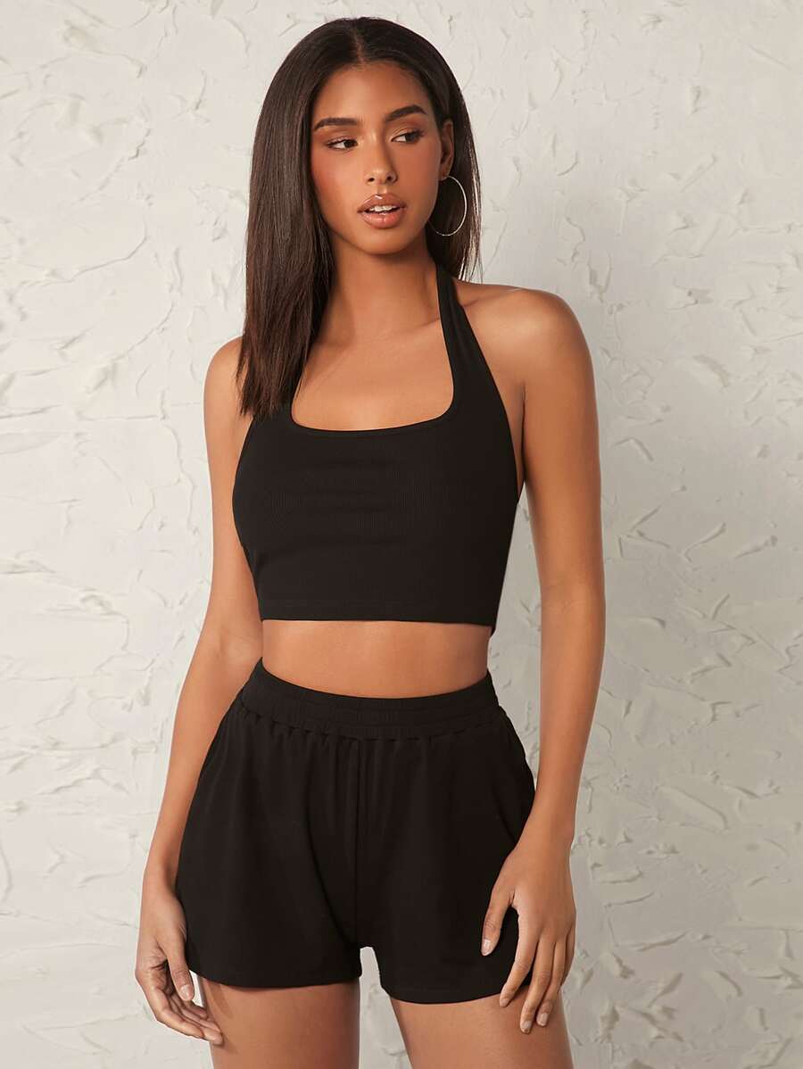 SHEIN BASICS 1pc Solid Crop Halter Top & 1pc Shorts - Black - View 1