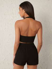 SHEIN BASICS 1pc Solid Crop Halter Top & 1pc Shorts - Black - View 2