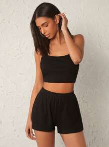 SHEIN BASICS 1pc Solid Crop Halter Top & 1pc Shorts - Black - View 3