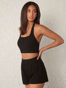 SHEIN BASICS 1pc Solid Crop Halter Top & 1pc Shorts - Black - View 5