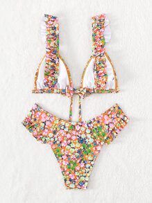 小花圖案荷葉邊飾前扣三角高腰泳裝，夏季沙灘必備 - 橘色 - 查看 4