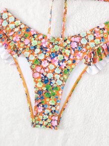 小花圖案荷葉邊飾前扣三角高腰泳裝，夏季沙灘必備 - 橘色 - 查看 6