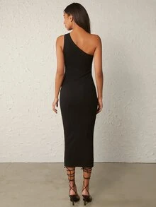 SHEIN BASICS One Shoulder Solid Bodycon Dress - Black - View 2