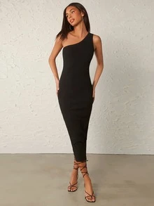 SHEIN BASICS One Shoulder Solid Bodycon Dress - Black - View 4