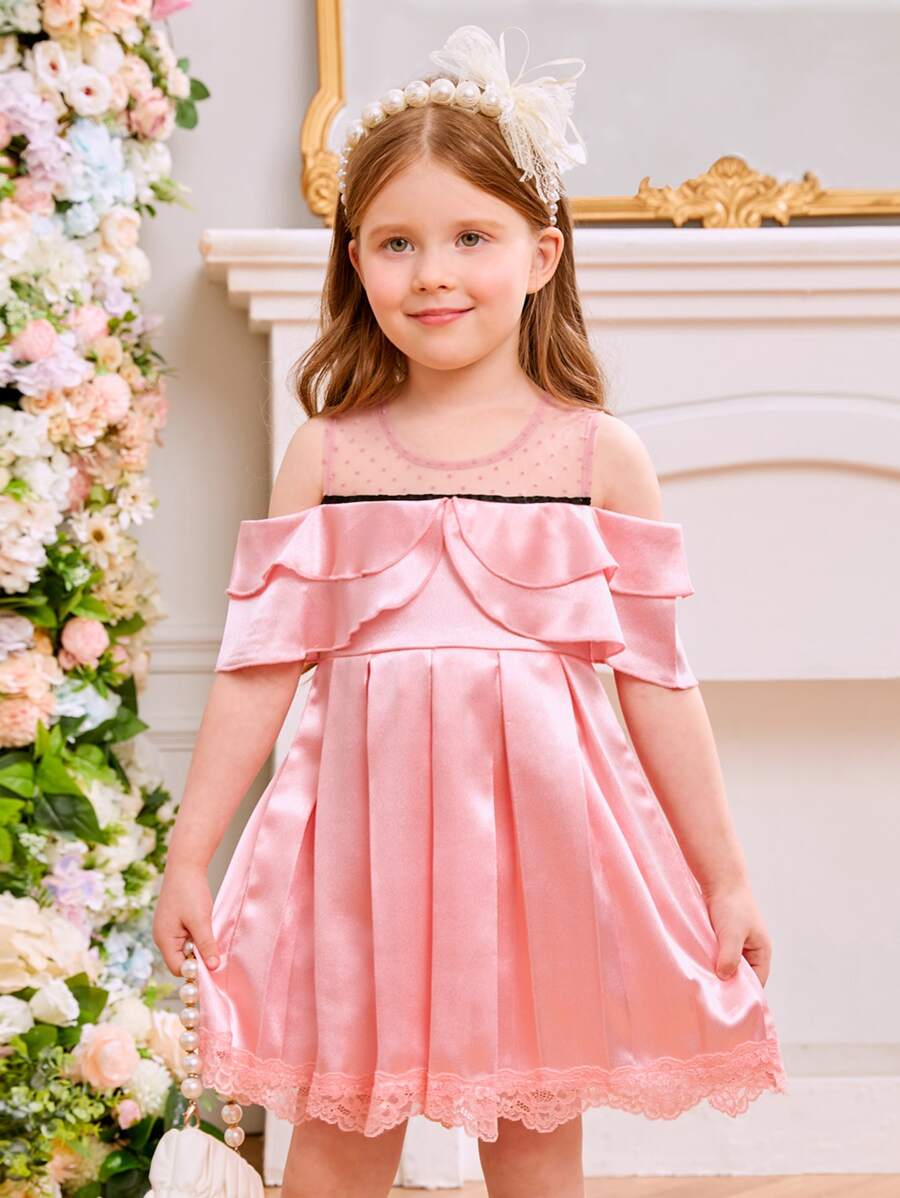 小女童挖肩嵌入網紗多層邊百褶下擺連衣裙 - 粉色 - 查看 1