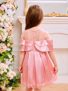 小女童挖肩嵌入網紗多層邊百褶下擺連衣裙 - 粉色 - 查看 2