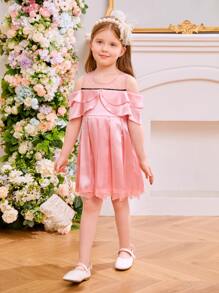 小女童挖肩嵌入網紗多層邊百褶下擺連衣裙 - 粉色 - 查看 3