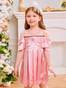 小女童挖肩嵌入網紗多層邊百褶下擺連衣裙 - 粉色 - 查看 4