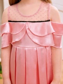 小女童挖肩嵌入網紗多層邊百褶下擺連衣裙 - 粉色 - 查看 6