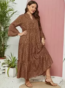 Mulvari Plus Dalmatian Print Flounce Sleeve Ruffle Hem Smock Dress - Coffee Brown - View 1