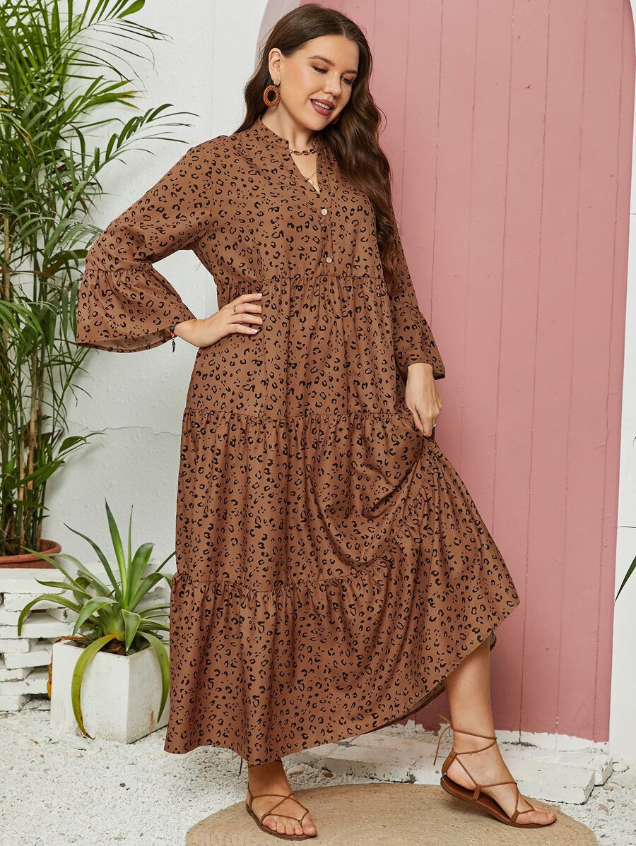 Mulvari Plus Dalmatian Print Flounce Sleeve Ruffle Hem Smock Dress - Coffee Brown - View 1