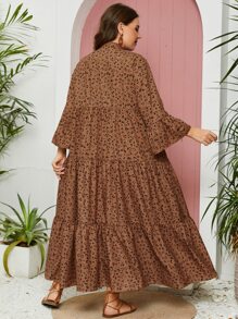 Mulvari Plus Dalmatian Print Flounce Sleeve Ruffle Hem Smock Dress - Coffee Brown - View 2