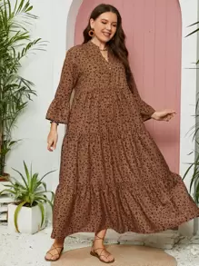 Mulvari Plus Dalmatian Print Flounce Sleeve Ruffle Hem Smock Dress - Coffee Brown - View 3