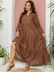 Mulvari Plus Dalmatian Print Flounce Sleeve Ruffle Hem Smock Dress - Coffee Brown - View 4