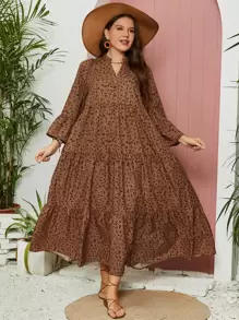 Mulvari Plus Dalmatian Print Flounce Sleeve Ruffle Hem Smock Dress - Coffee Brown - View 6