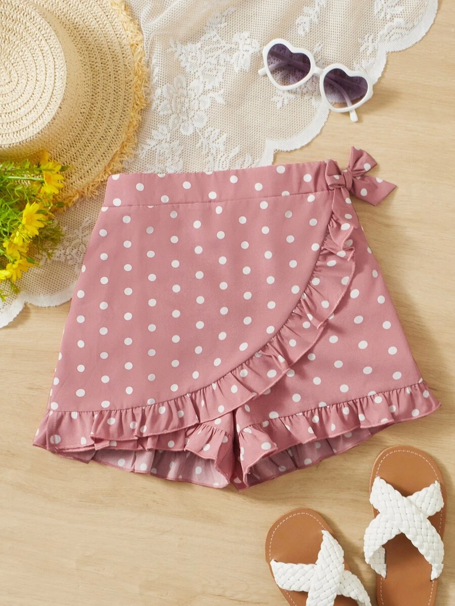 SHEIN Girls Polka Dot Print Ruffle Trim Wrap Knot Side Skort - Dusty Pink - View 1