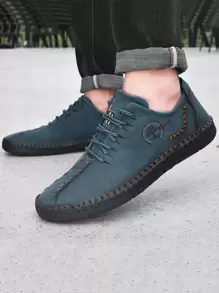 Men Letter Detail Lace-up Front Dress Shoes, Fashion Blue Handmade Shoes
