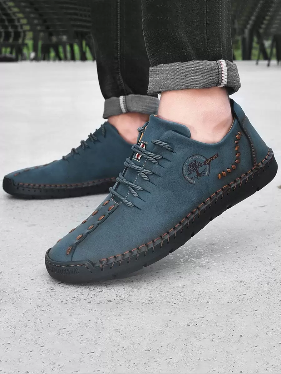 Men Letter Detail Lace-up Front Dress Shoes, Fashion Blue Handmade Shoes