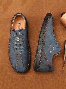 Men Letter Detail Lace-up Front Dress Shoes, Fashion Blue Handmade Shoes