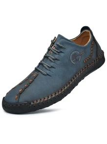 Men Letter Detail Lace-up Front Dress Shoes, Fashion Blue Handmade Shoes