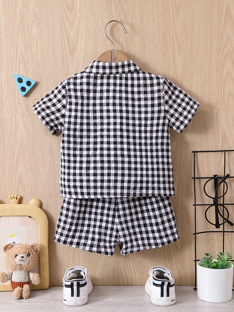 Baby Boy Gingham Print Patch Detail Shirt & Shorts Without Tee - Black and White - View 2