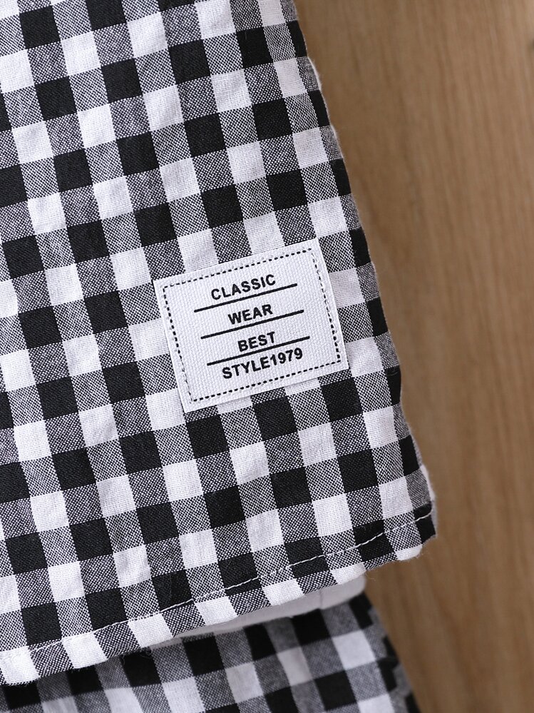 Baby Boy Gingham Print Patch Detail Shirt & Shorts Without Tee - Black and White - View 3