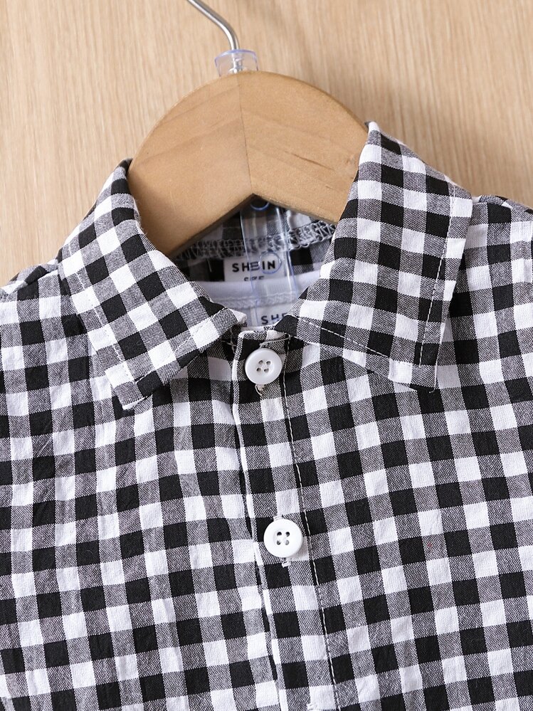 Baby Boy Gingham Print Patch Detail Shirt & Shorts Without Tee - Black and White - View 4