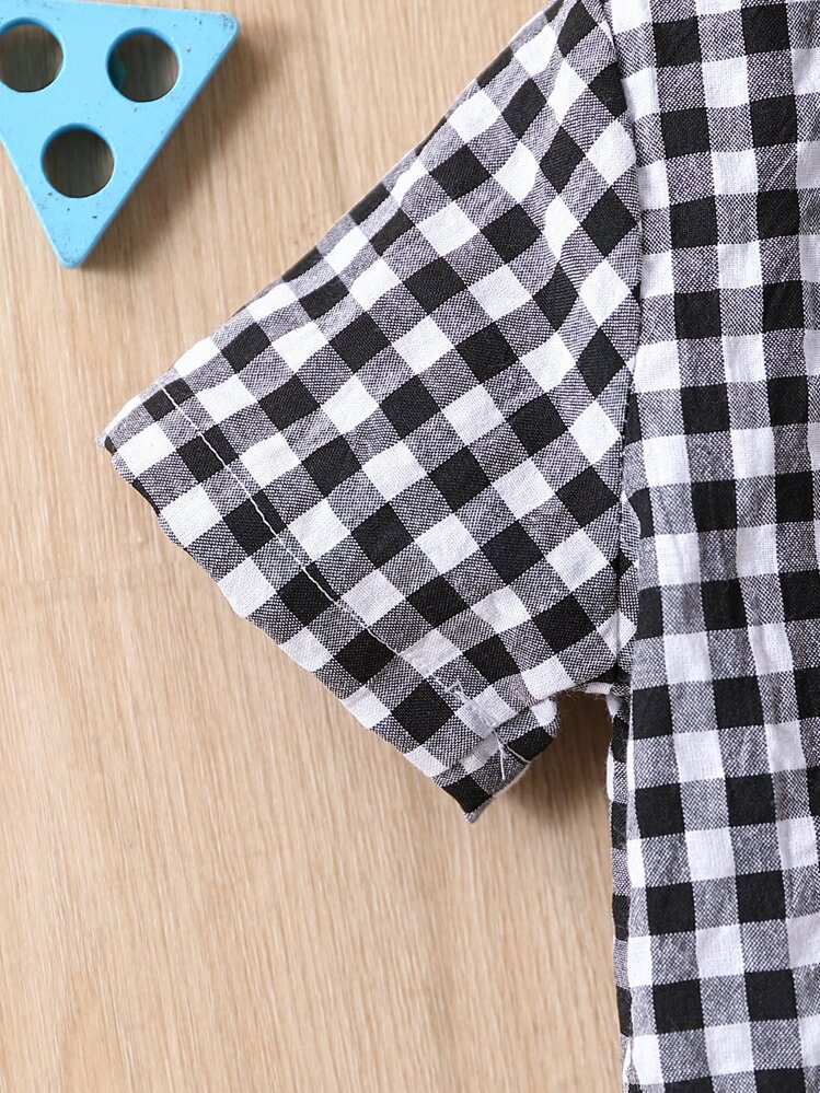 Baby Boy Gingham Print Patch Detail Shirt & Shorts Without Tee - Black and White - View 5