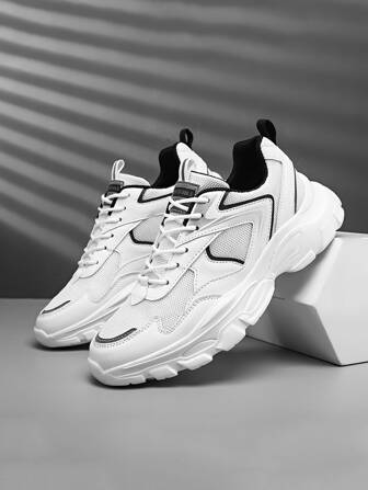 Men Contrast Piping Chunky Sneakers, Lace-Up Front Sneakers Valentines