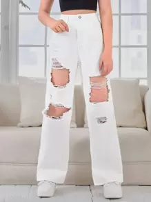SHEIN 青少年女孩破洞直筒牛仔褲 - 白色 - 查看 1