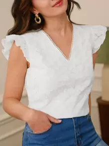 SHEIN Frenchy V-Neck Ruffle Armhole Schiffy Top Summer Elegant White White