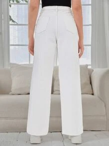 SHEIN 青少年女孩破洞直筒牛仔褲 - 白色 - 查看 2