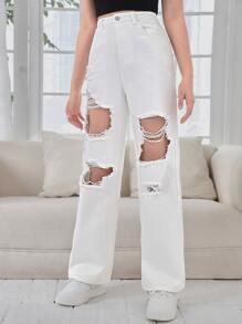 SHEIN 青少年女孩破洞直筒牛仔褲 - 白色 - 查看 3