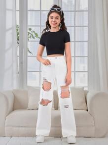 SHEIN 青少年女孩破洞直筒牛仔褲 - 白色 - 查看 4