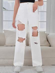 SHEIN 青少年女孩破洞直筒牛仔褲 - 白色 - 查看 5
