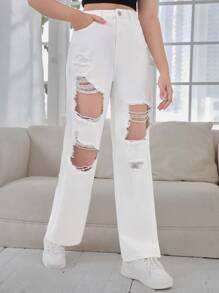 SHEIN 青少年女孩破洞直筒牛仔褲 - 白色 - 查看 6