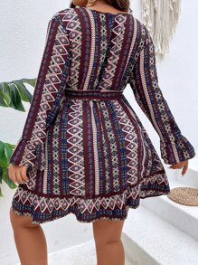 SHEIN LUNE Vestido con cinturón con estampado geométrico de manga con volante - Multicolor - Ver 2