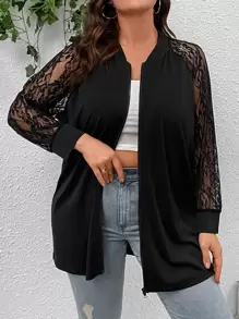SHEIN LUNE Abrigo con encaje en contraste de manga raglán - Negro - Ver 1