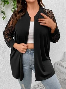 SHEIN LUNE Abrigo con encaje en contraste de manga raglán - Negro - Ver 4