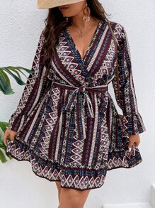 SHEIN LUNE Vestido con cinturón con estampado geométrico de manga con volante - Multicolor - Ver 3