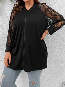 SHEIN LUNE Abrigo con encaje en contraste de manga raglán - Negro - Ver 5