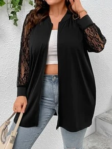 SHEIN LUNE Abrigo con encaje en contraste de manga raglán - Negro - Ver 6