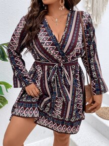 SHEIN LUNE Vestido con cinturón con estampado geométrico de manga con volante - Multicolor - Ver 5