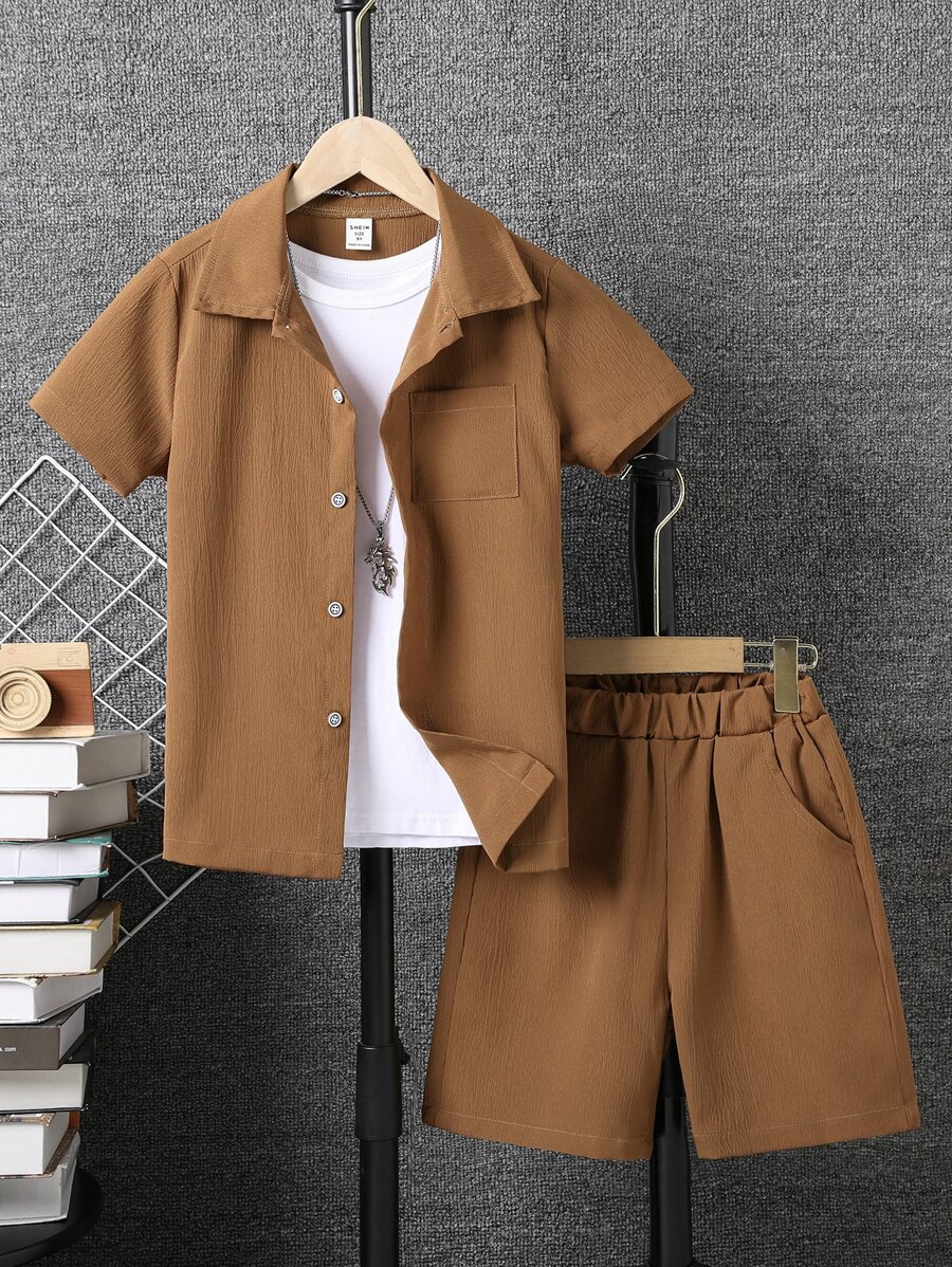 SHEIN Tween Boy Solid Pocket Patched Button Up Shirt & Shorts Without Tee - Coffee Brown - View 1