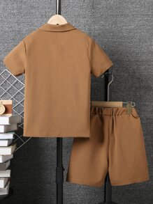 SHEIN Tween Boy Solid Pocket Patched Button Up Shirt & Shorts Without Tee - Coffee Brown - View 2