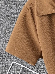 SHEIN Tween Boy Solid Pocket Patched Button Up Shirt & Shorts Without Tee - Coffee Brown - View 4