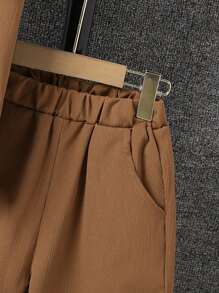 SHEIN Tween Boy Solid Pocket Patched Button Up Shirt & Shorts Without Tee - Coffee Brown - View 5