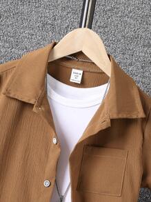 SHEIN Tween Boy Solid Pocket Patched Button Up Shirt & Shorts Without Tee - Coffee Brown - View 6