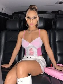 SHEIN ICON 人像圖案蕾絲邊前蝴蝶結吊帶上衣 - 彩色 - 查看 4